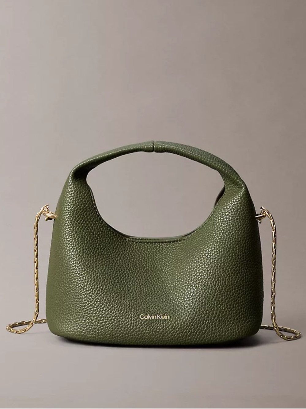 Calvin Klein Olive Green Pebbled Small Slouchy Bag with Gold Chain